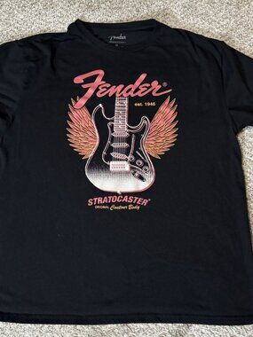 Fender Stratocaster Guitar Wings Graphic T-Shirt Men's XL Black Cotton Blend